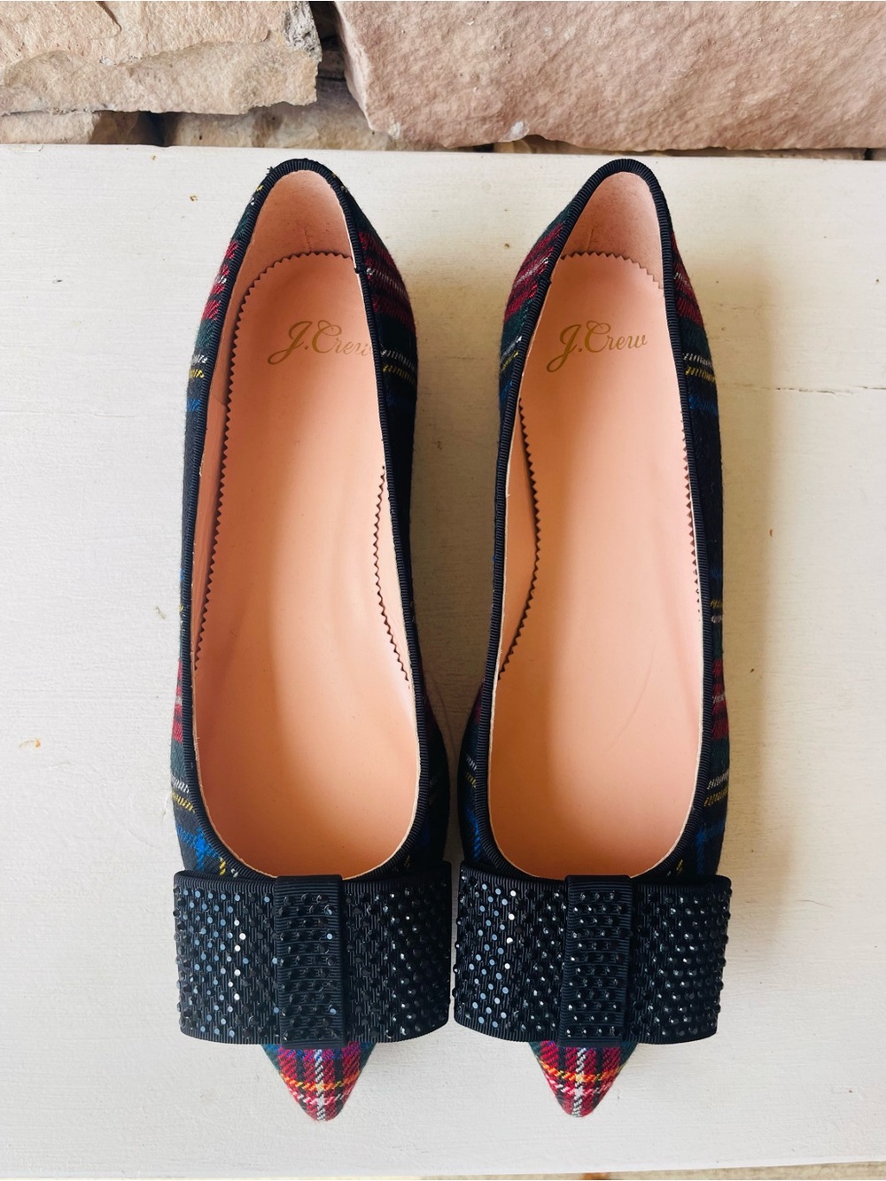 J. Crew Tartan Plaid Pointed Toe Crystal Bow Flats - Picture 2 of 8